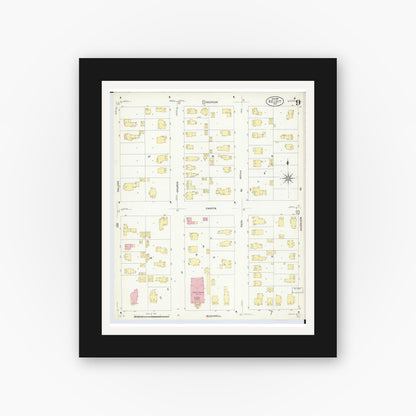Old map wall art mockup — black gallery frame with white mat — Sanborn Fire Insurance Map from Beloit, Rock County, Wisconsin (1908), Sheet #0009