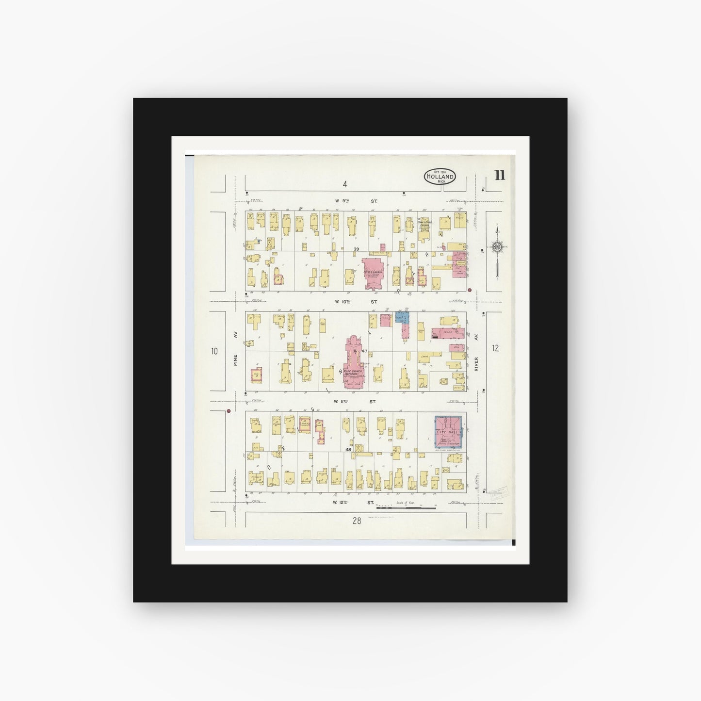 Old map wall art mockup — black gallery frame with white mat — Sanborn Fire Insurance Map from Holland, Ottawa County, Michigan (1916), Sheet #0011