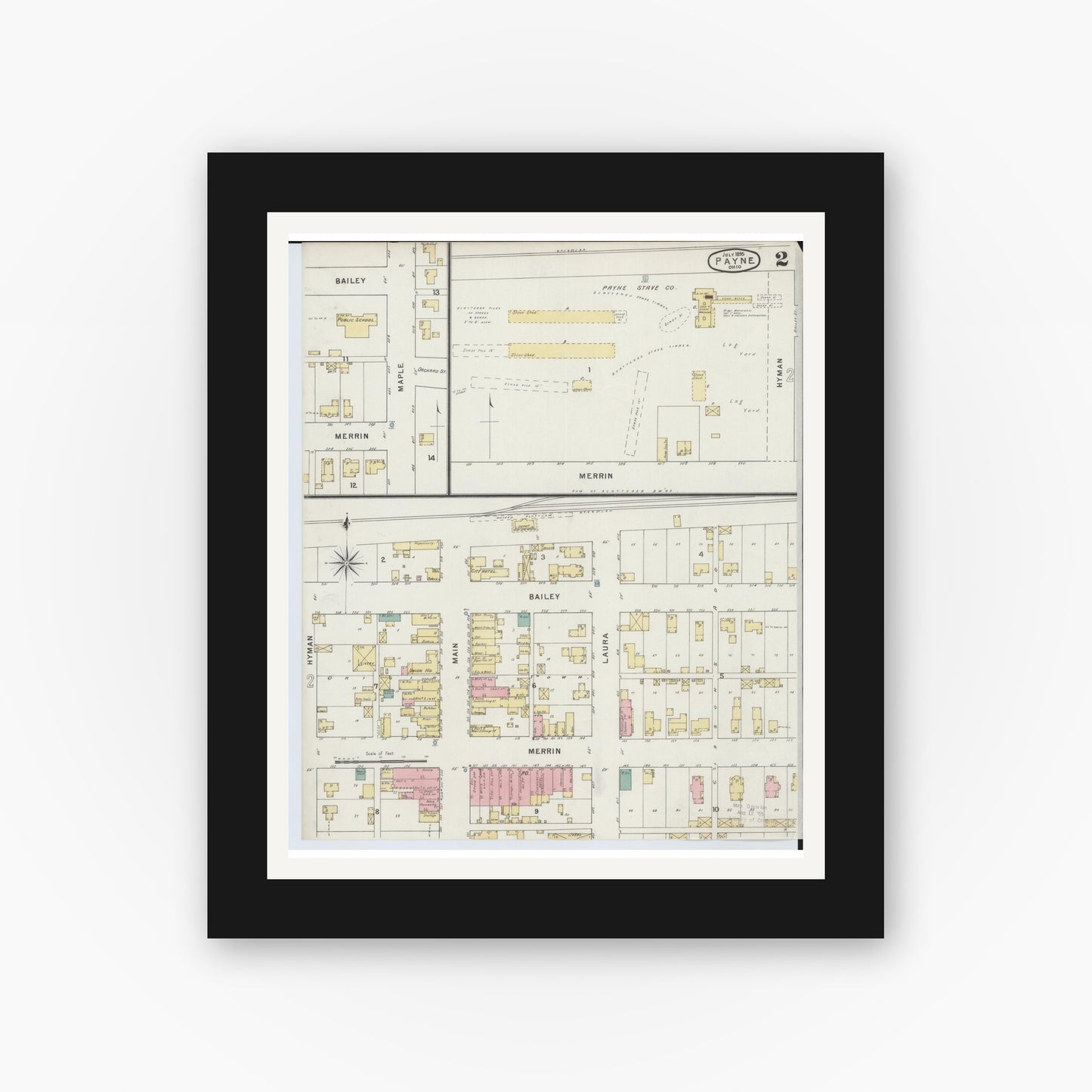 Old map wall art mockup — black gallery frame with white mat — Sanborn Fire Insurance Map from Payne, Paulding County, Ohio (1895), Sheet #0002