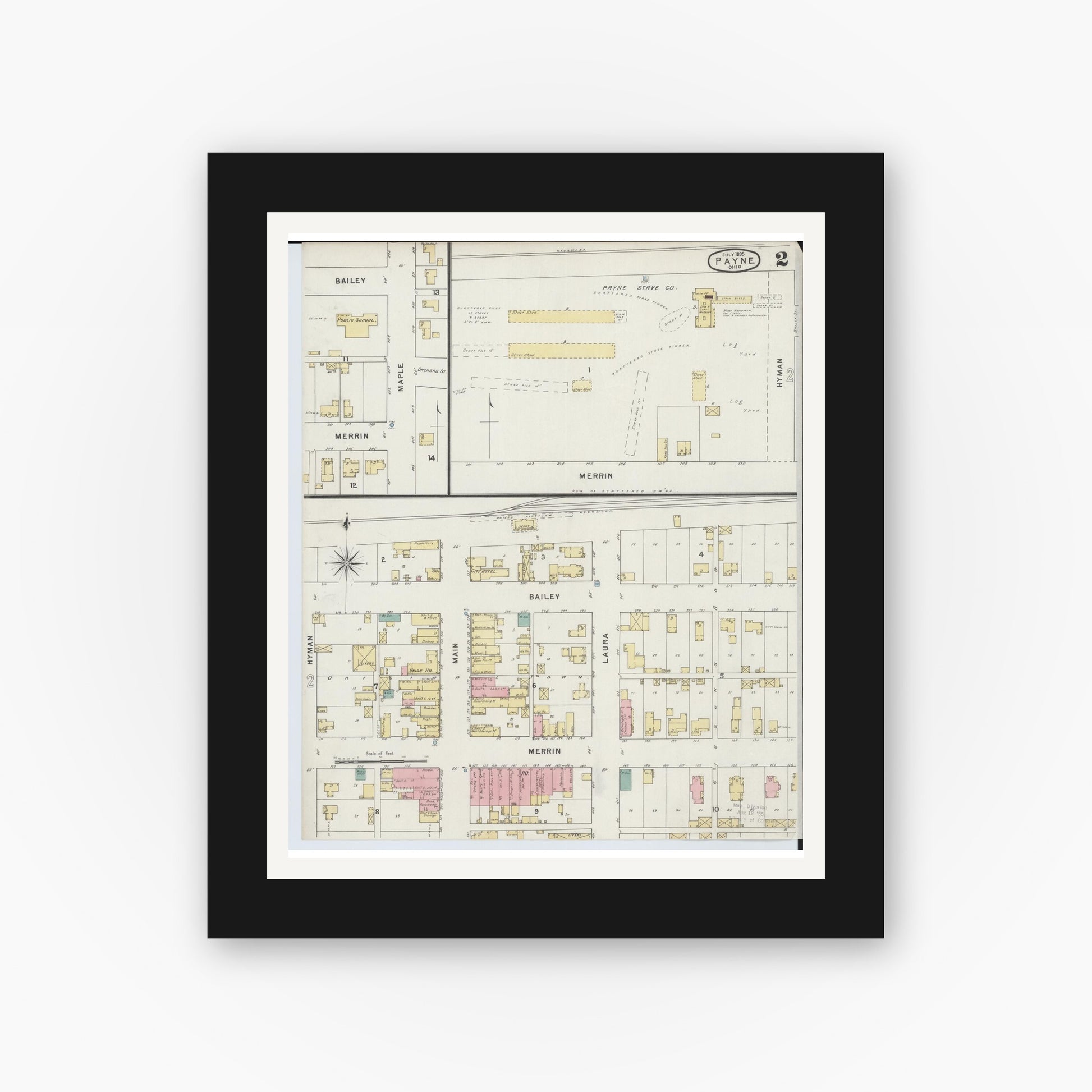 Old map wall art mockup — black gallery frame with white mat — Sanborn Fire Insurance Map from Payne, Paulding County, Ohio (1895), Sheet #0002