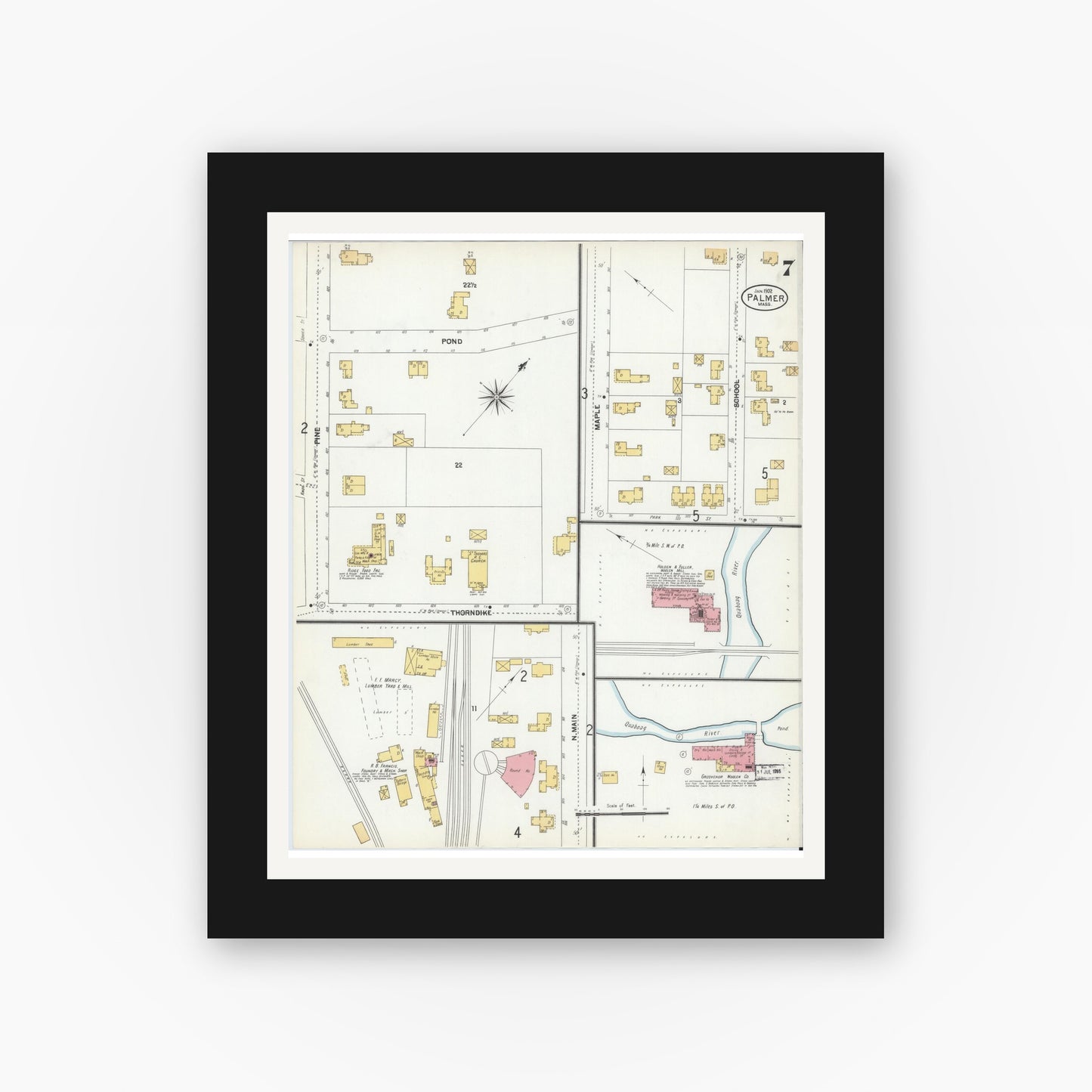 Old map wall art mockup — black gallery frame with white mat — Sanborn Fire Insurance Map from Palmer, Hampden County, Massachusetts (1902), Sheet #0007