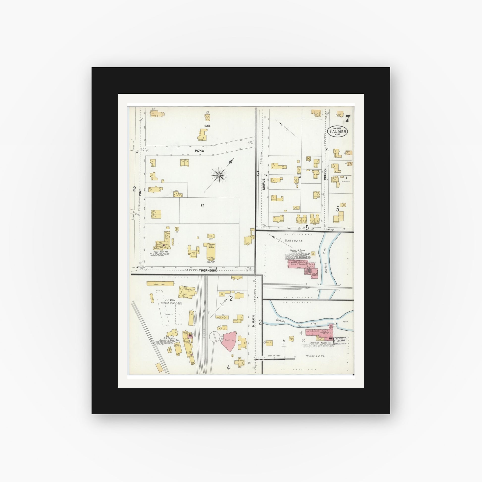 Old map wall art mockup — black gallery frame with white mat — Sanborn Fire Insurance Map from Palmer, Hampden County, Massachusetts (1902), Sheet #0007