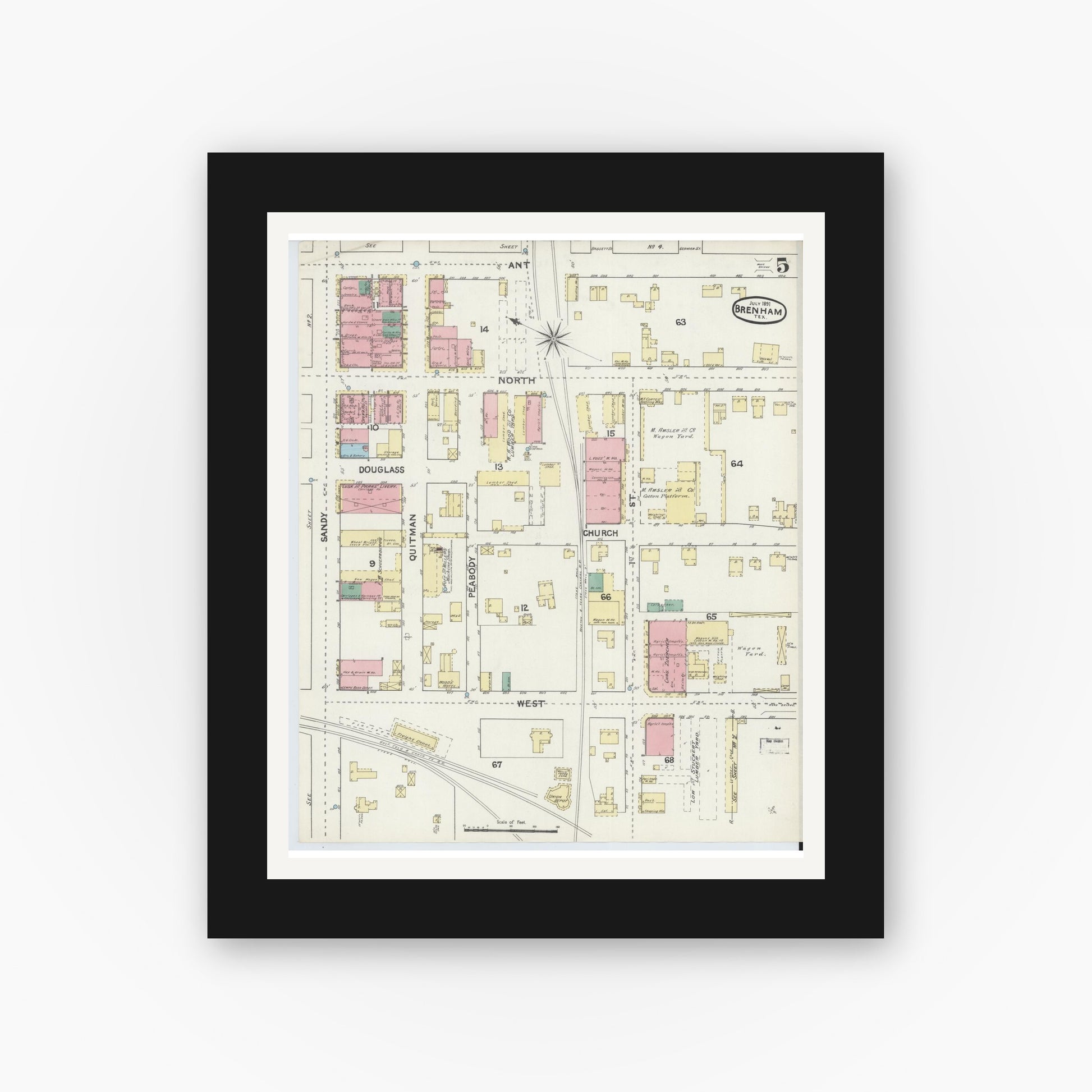 Old map wall art mockup — black gallery frame with white mat — Sanborn Fire Insurance Map from Brenham, Washington County, Texas (1891), Sheet #0005