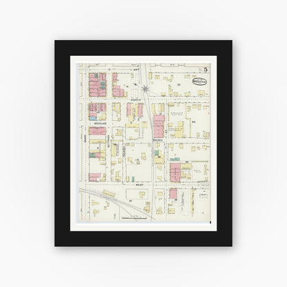 Old map wall art mockup — black gallery frame with white mat — Sanborn Fire Insurance Map from Brenham, Washington County, Texas (1891), Sheet #0005