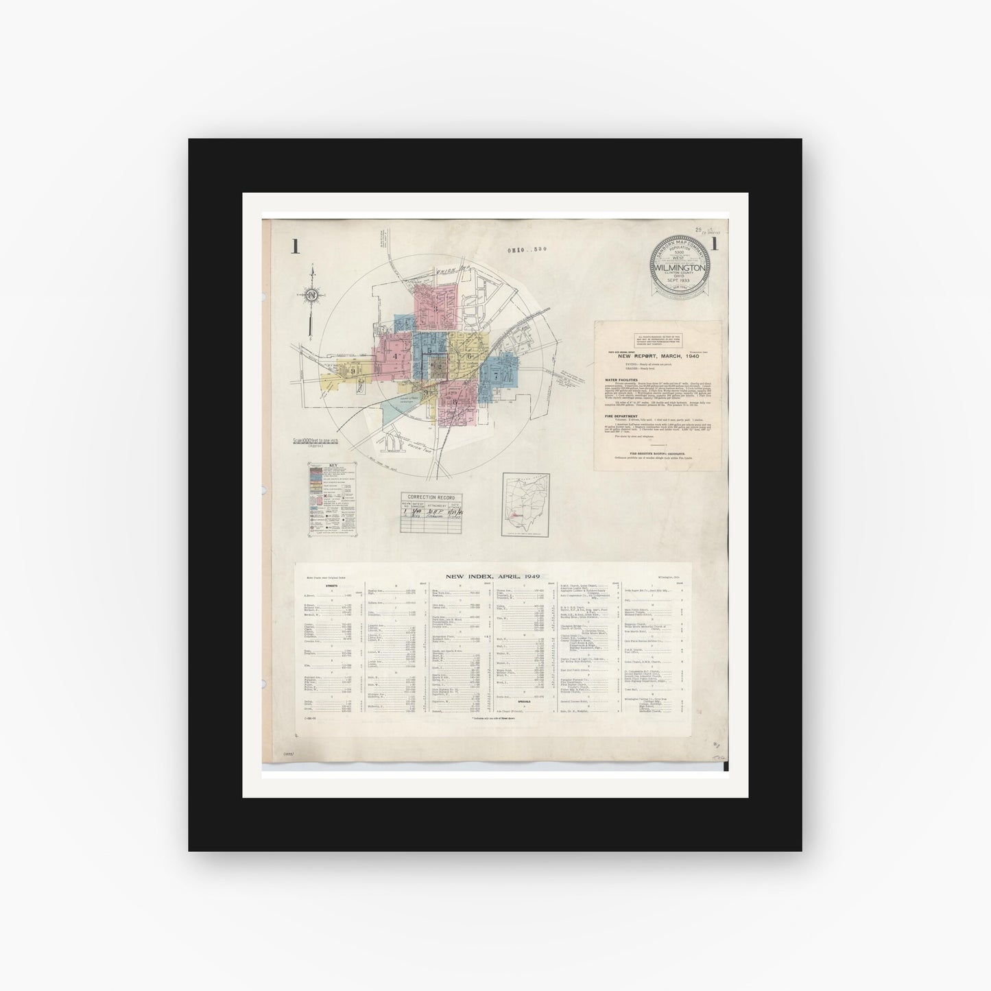 Old map wall art mockup — black gallery frame with white mat — Sanborn Fire Insurance Map from Wilmington, Clinton County, Ohio (1949) - Complete Map Set