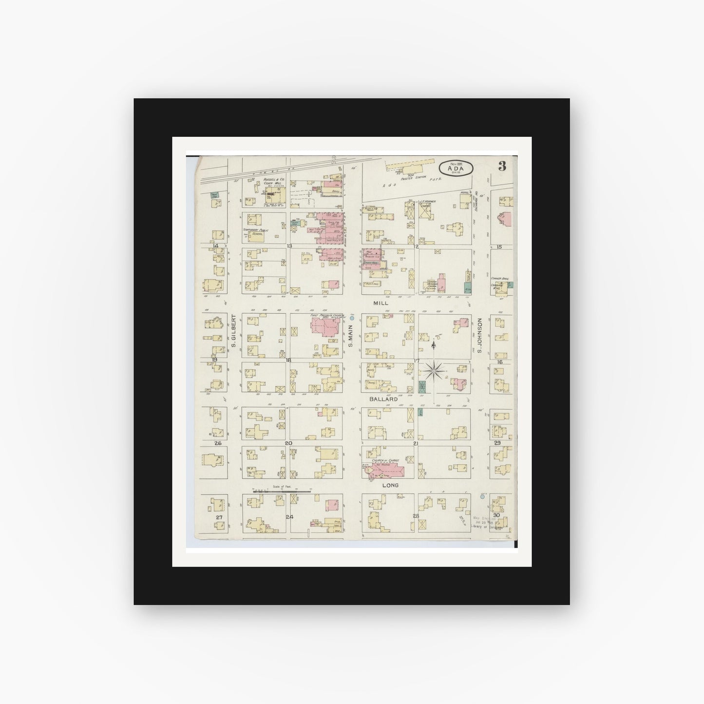 Old map wall art mockup — black gallery frame with white mat — Sanborn Fire Insurance Map from Ada, Hardin County, Ohio (1892), Sheet #0003