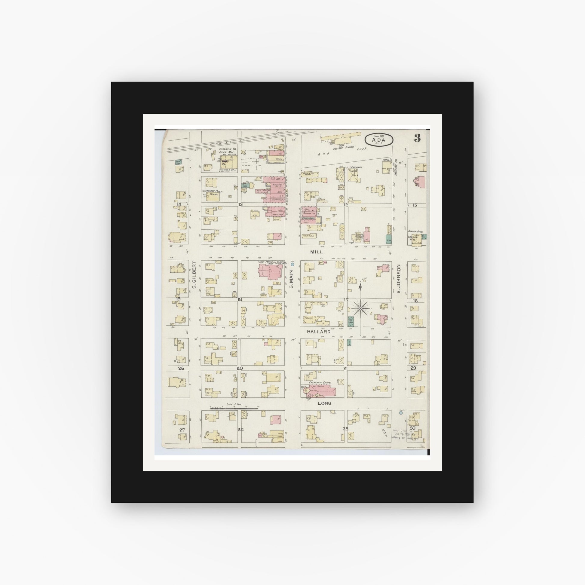 Old map wall art mockup — black gallery frame with white mat — Sanborn Fire Insurance Map from Ada, Hardin County, Ohio (1892), Sheet #0003