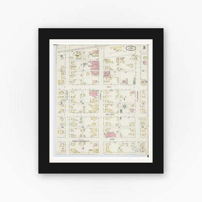 Old map wall art mockup — black gallery frame with white mat — Sanborn Fire Insurance Map from Ada, Hardin County, Ohio (1892), Sheet #0003