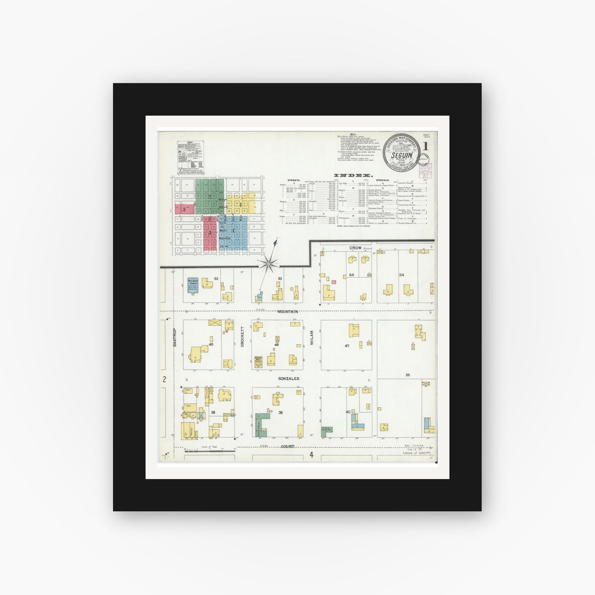 Old map wall art mockup — black gallery frame with white mat — Sanborn Fire Insurance Map from Seguin, Guadalupe County, Texas (1902) - Complete Map Set