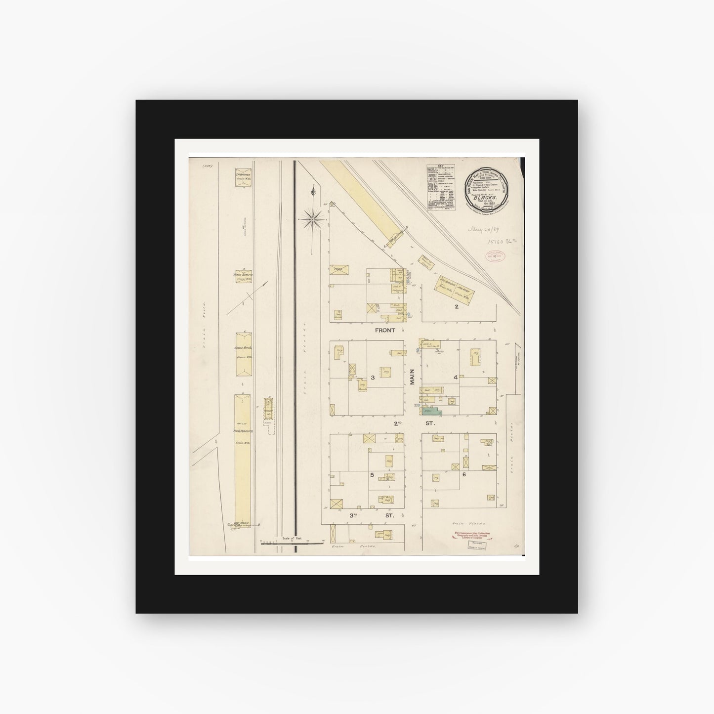 Old map wall art mockup — black gallery frame with white mat — Sanborn Fire Insurance Map from Blacks, Yolo County, California (1889), Sheet #0001