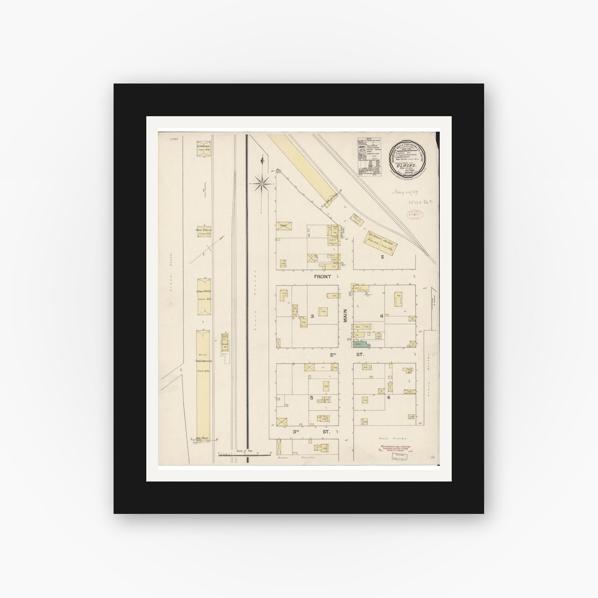 Old map wall art mockup — black gallery frame with white mat — Sanborn Fire Insurance Map from Blacks, Yolo County, California (1889), Sheet #0001