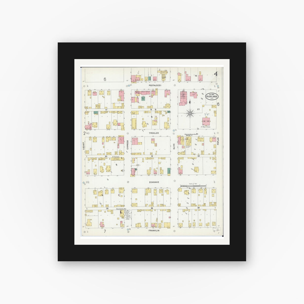 Old map wall art mockup — black gallery frame with white mat — Sanborn Fire Insurance Map from Highland, Madison County, Illinois (1899), Sheet #0004