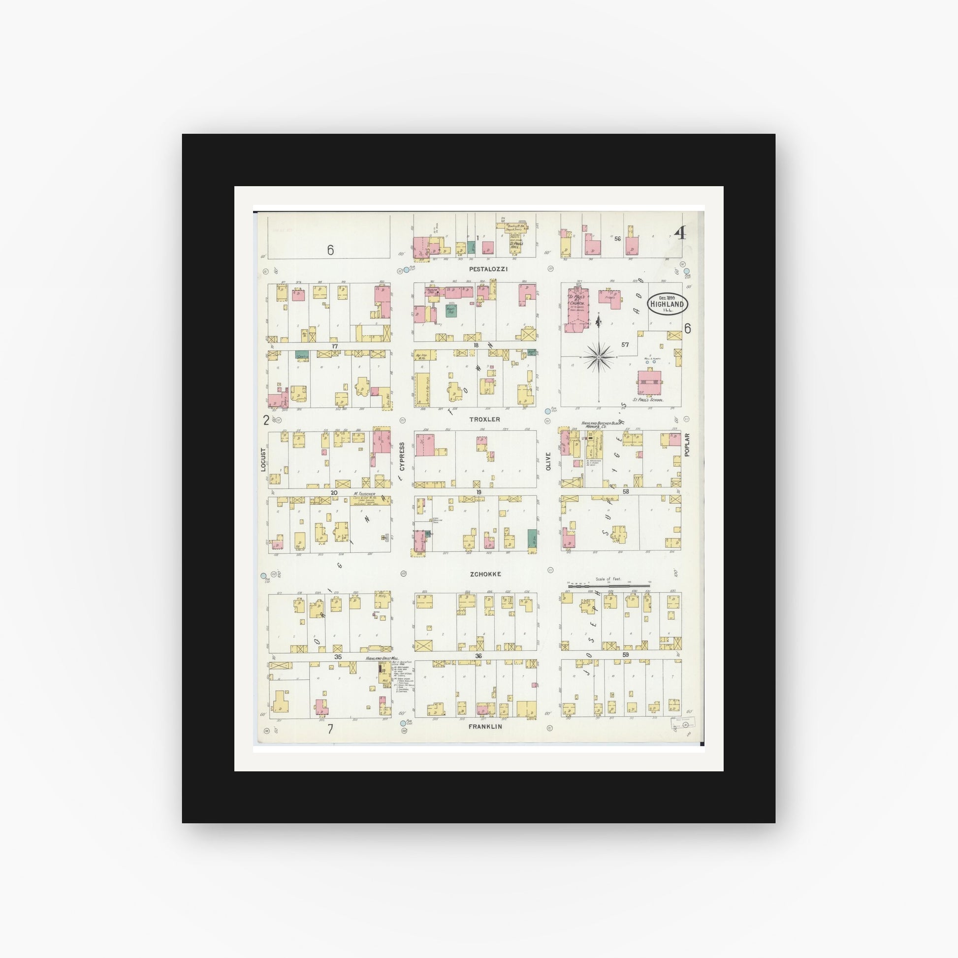 Old map wall art mockup — black gallery frame with white mat — Sanborn Fire Insurance Map from Highland, Madison County, Illinois (1899), Sheet #0004