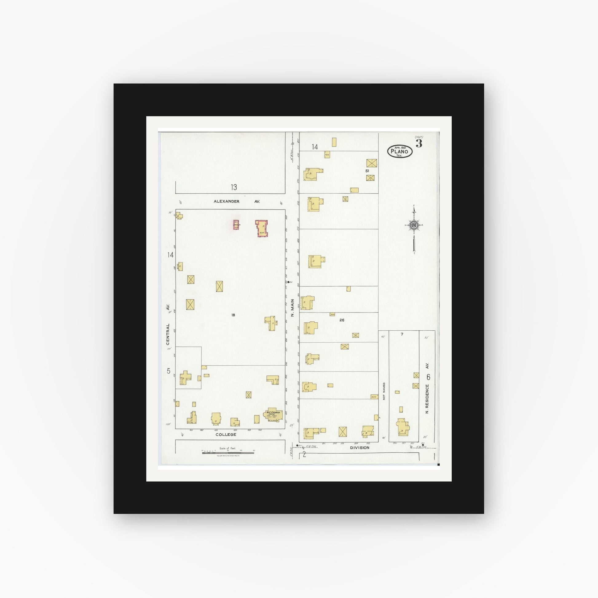 Old map wall art mockup — black gallery frame with white mat — Sanborn Fire Insurance Map from Plano, Collin County, Texas (1921), Sheet #0003