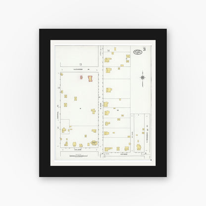 Old map wall art mockup — black gallery frame with white mat — Sanborn Fire Insurance Map from Plano, Collin County, Texas (1921), Sheet #0003