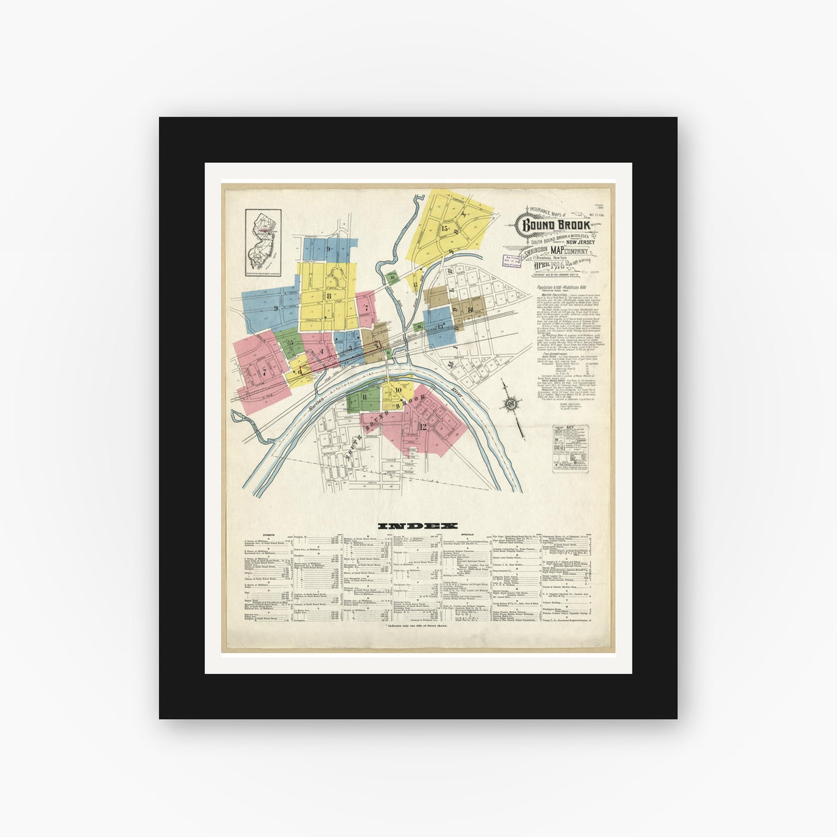 Old map wall art mockup — black gallery frame with white mat — Sanborn Fire Insurance Map from Bound Brook, Somerset County, New Jersey (1916), Sheet #0001
