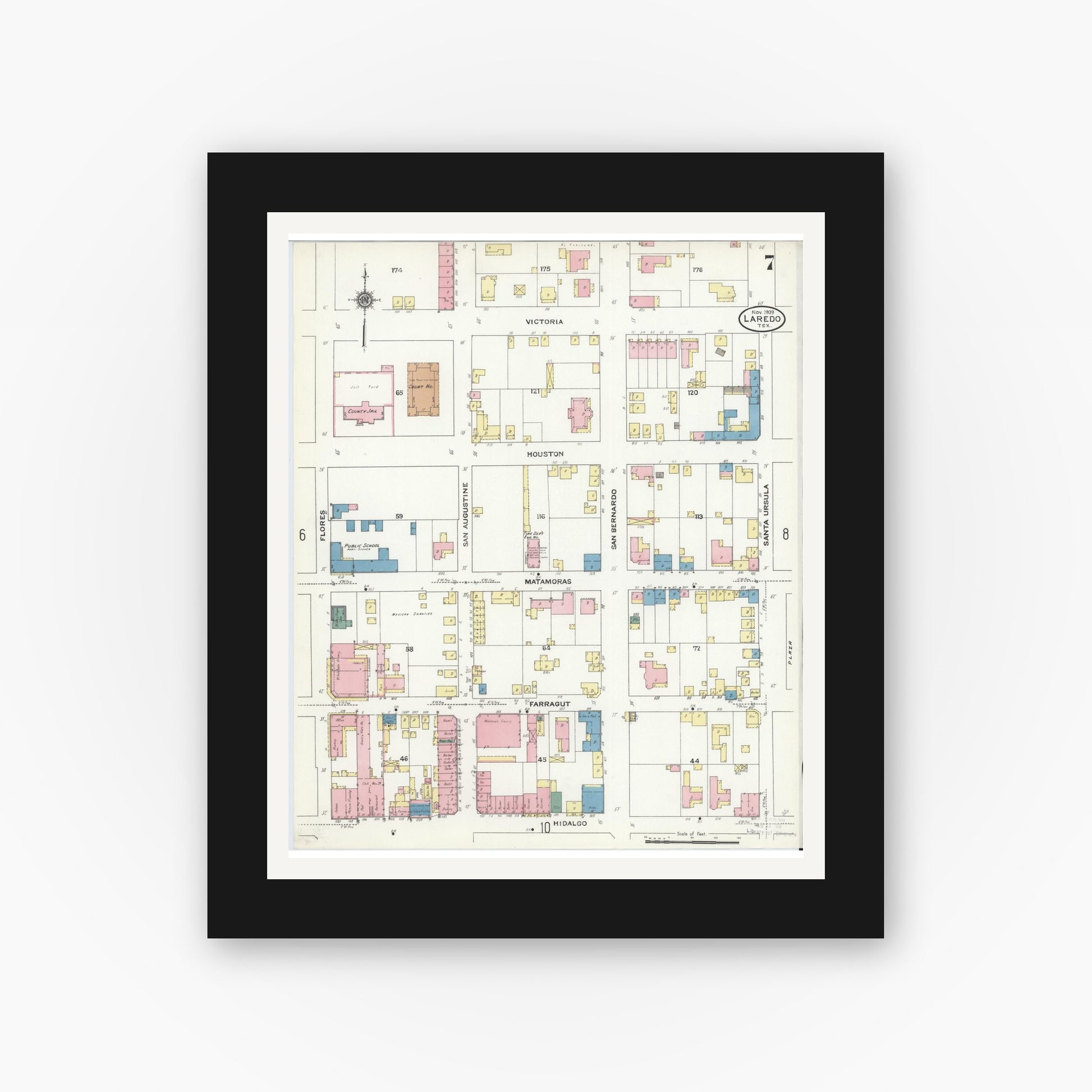 Old map wall art mockup — black gallery frame with white mat — Sanborn Fire Insurance Map from Laredo, Webb County, Texas (1909), Sheet #0007