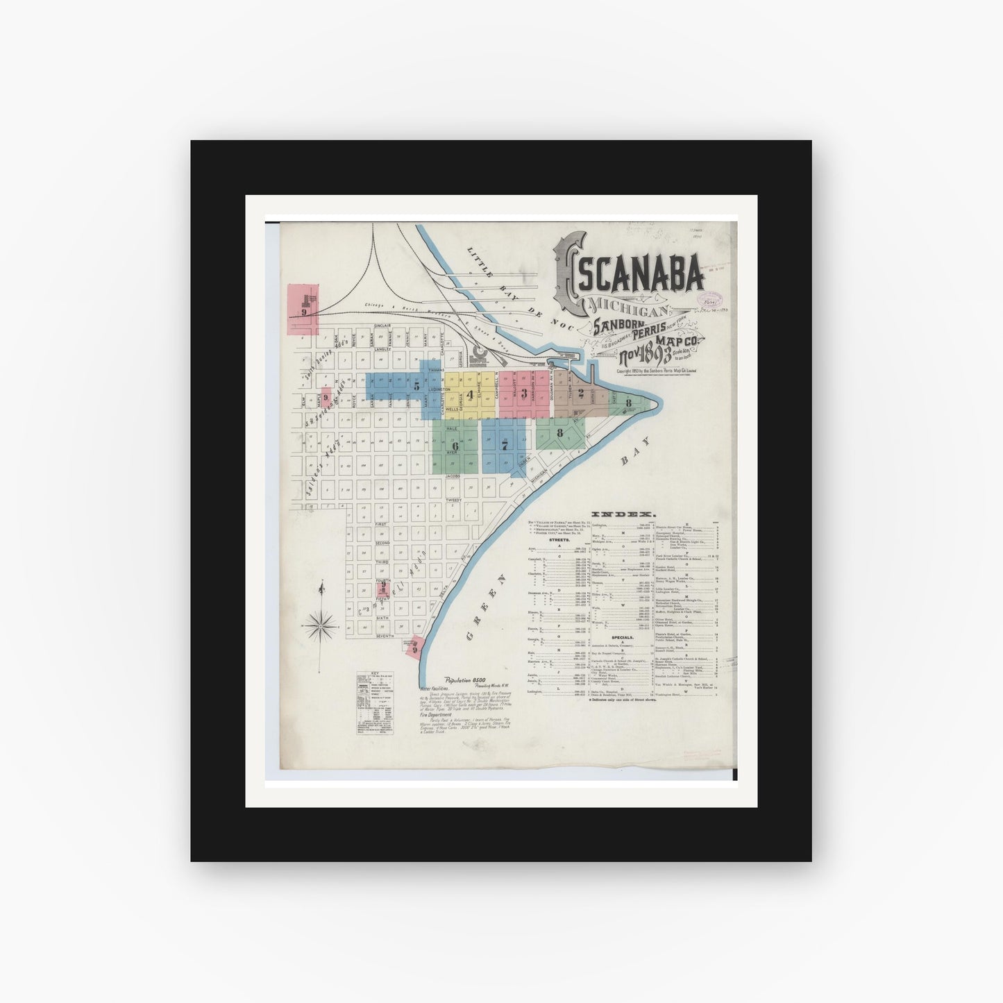 Old map wall art mockup — black gallery frame with white mat — Sanborn Fire Insurance Map from Escanaba, Delta County, Michigan (1893) - Complete Map Set