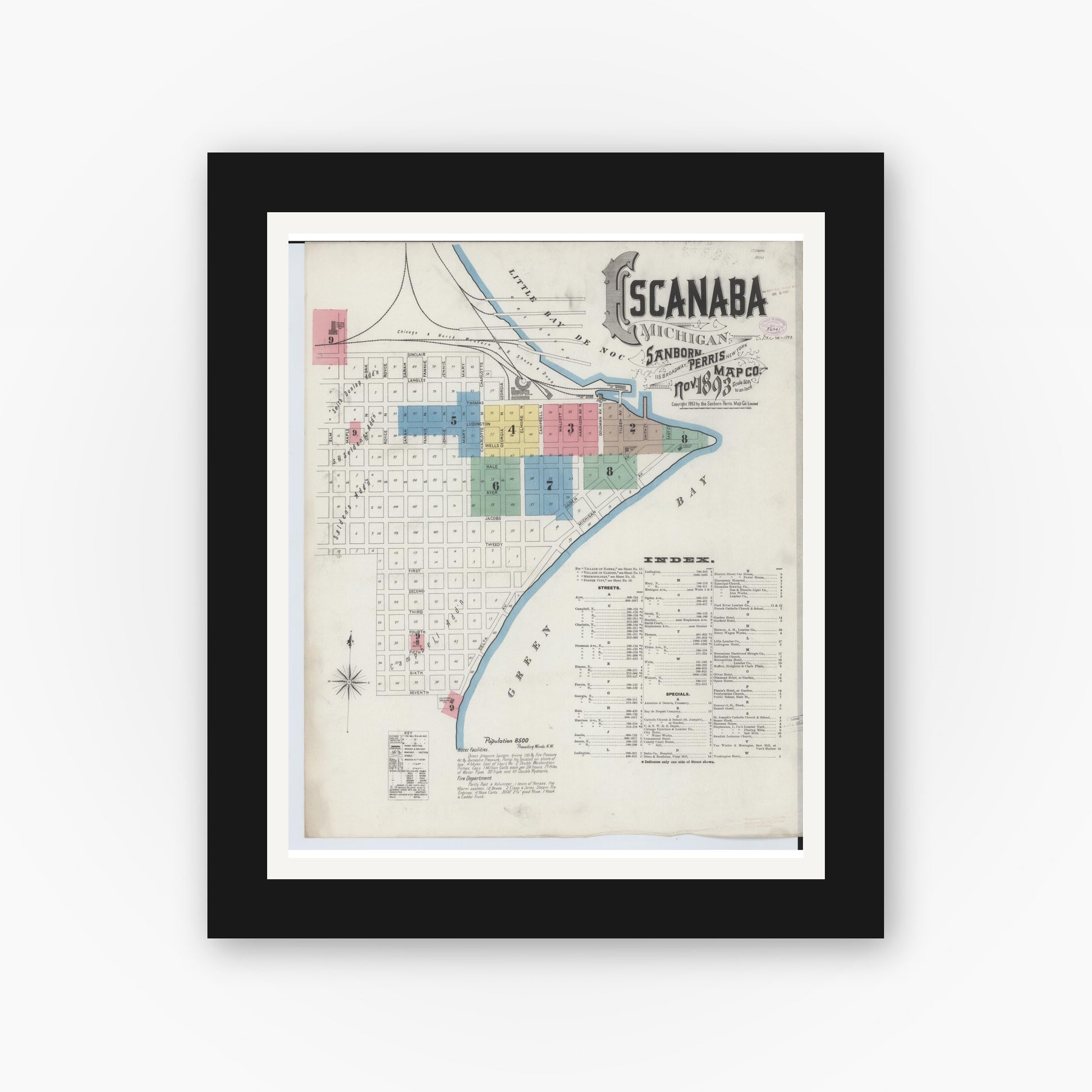 Old map wall art mockup — black gallery frame with white mat — Sanborn Fire Insurance Map from Escanaba, Delta County, Michigan (1893) - Complete Map Set
