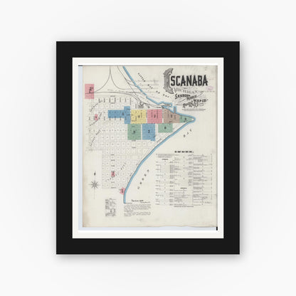 Old map wall art mockup — black gallery frame with white mat — Sanborn Fire Insurance Map from Escanaba, Delta County, Michigan (1893) - Complete Map Set