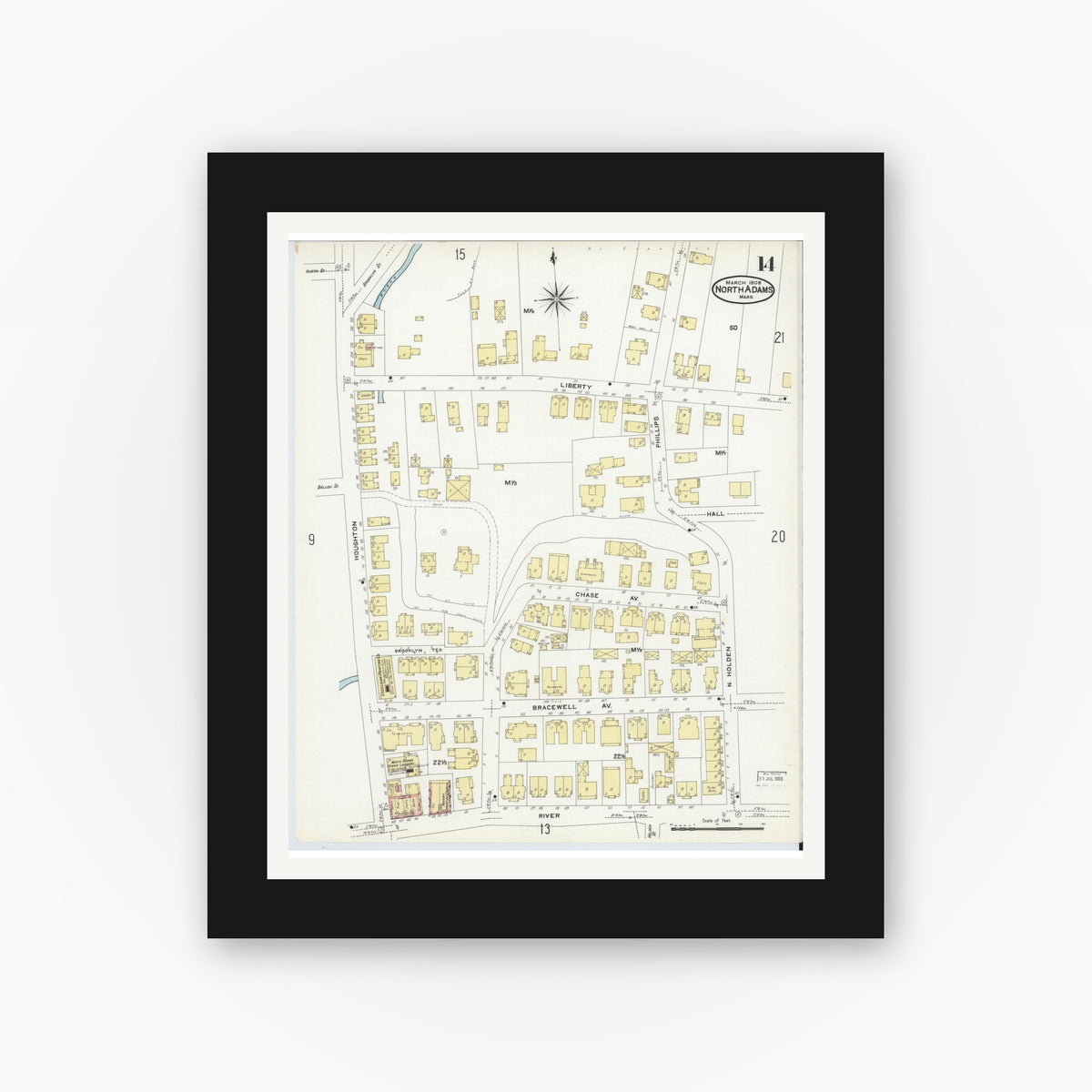 Old map wall art mockup — black gallery frame with white mat — Sanborn Fire Insurance Map from North Adams, Berkshire County, Massachusetts (1908), Sheet #0014