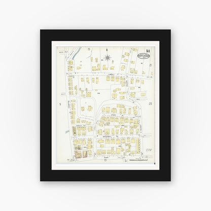 Old map wall art mockup — black gallery frame with white mat — Sanborn Fire Insurance Map from North Adams, Berkshire County, Massachusetts (1908), Sheet #0014