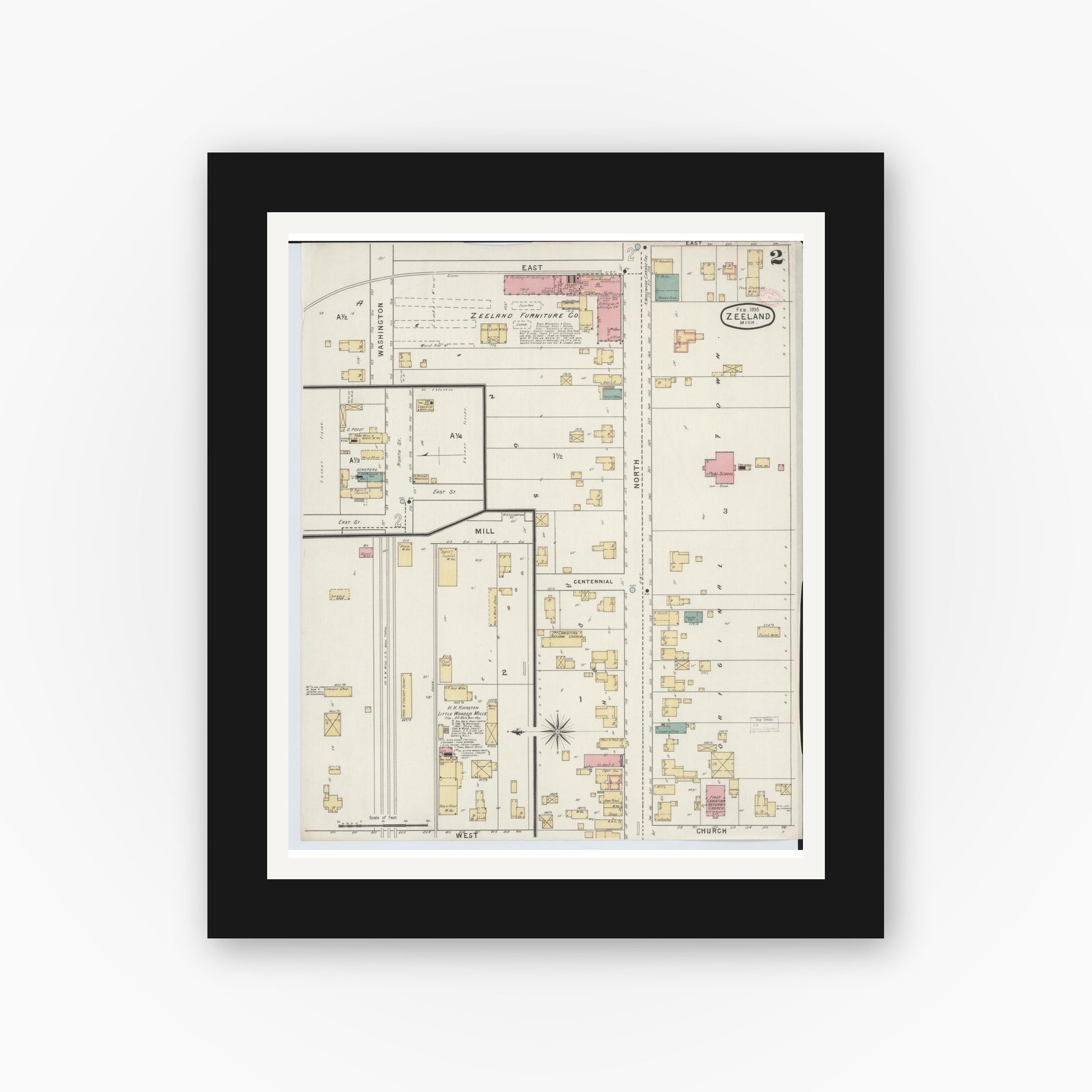 Old map wall art mockup — black gallery frame with white mat — Sanborn Fire Insurance Map from Zeeland, Ottawa County, Michigan (1895), Sheet #0002