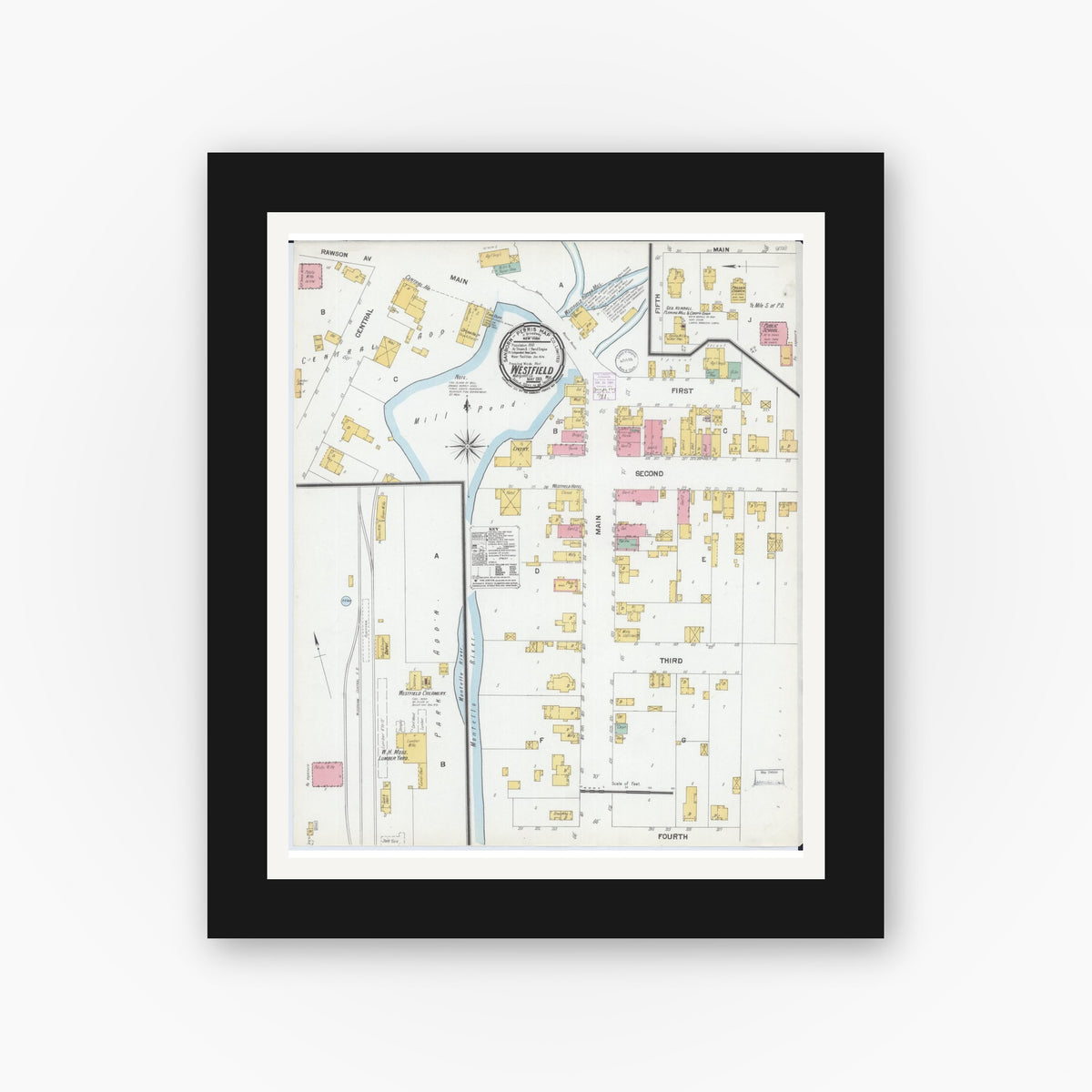 Old map wall art mockup — black gallery frame with white mat — Sanborn Fire Insurance Map from Westfield, Marquette County, Wisconsin (1901), Sheet #0001
