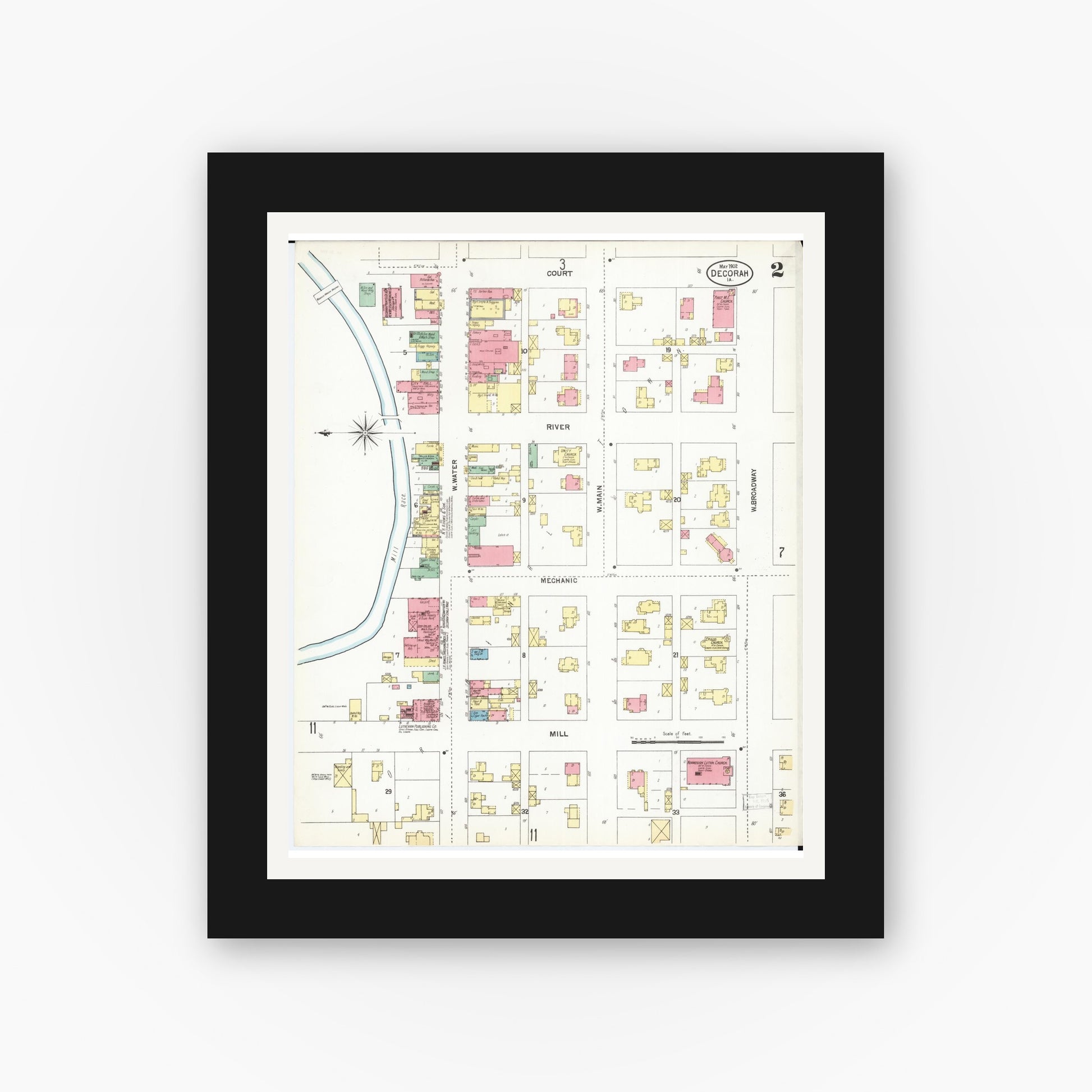 Old map wall art mockup — black gallery frame with white mat — Sanborn Fire Insurance Map from Decorah, Winneshiek County, Iowa (1902), Sheet #0002
