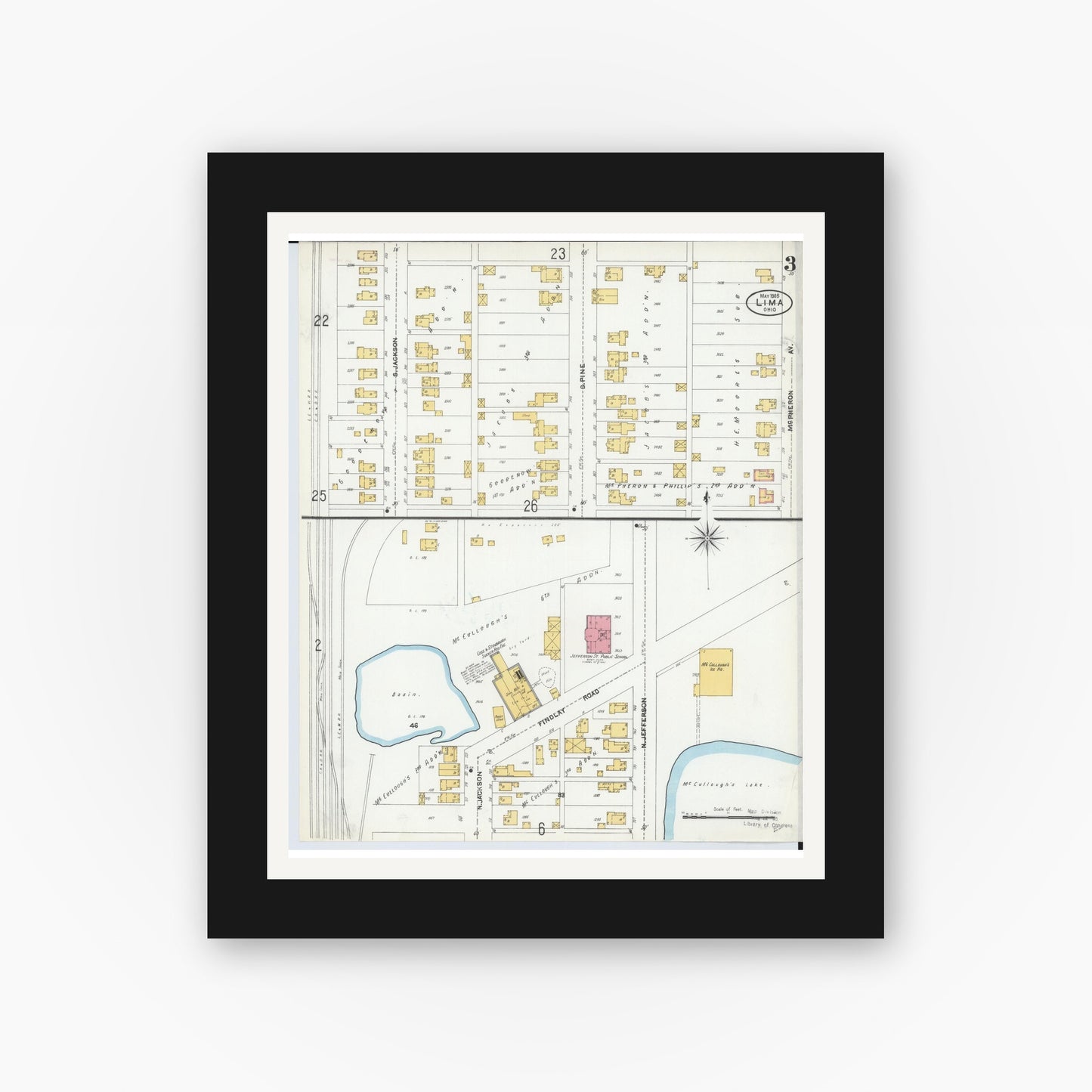 Old map wall art mockup — black gallery frame with white mat — Sanborn Fire Insurance Map from Lima, Allen County, Ohio (1905), Sheet #0003