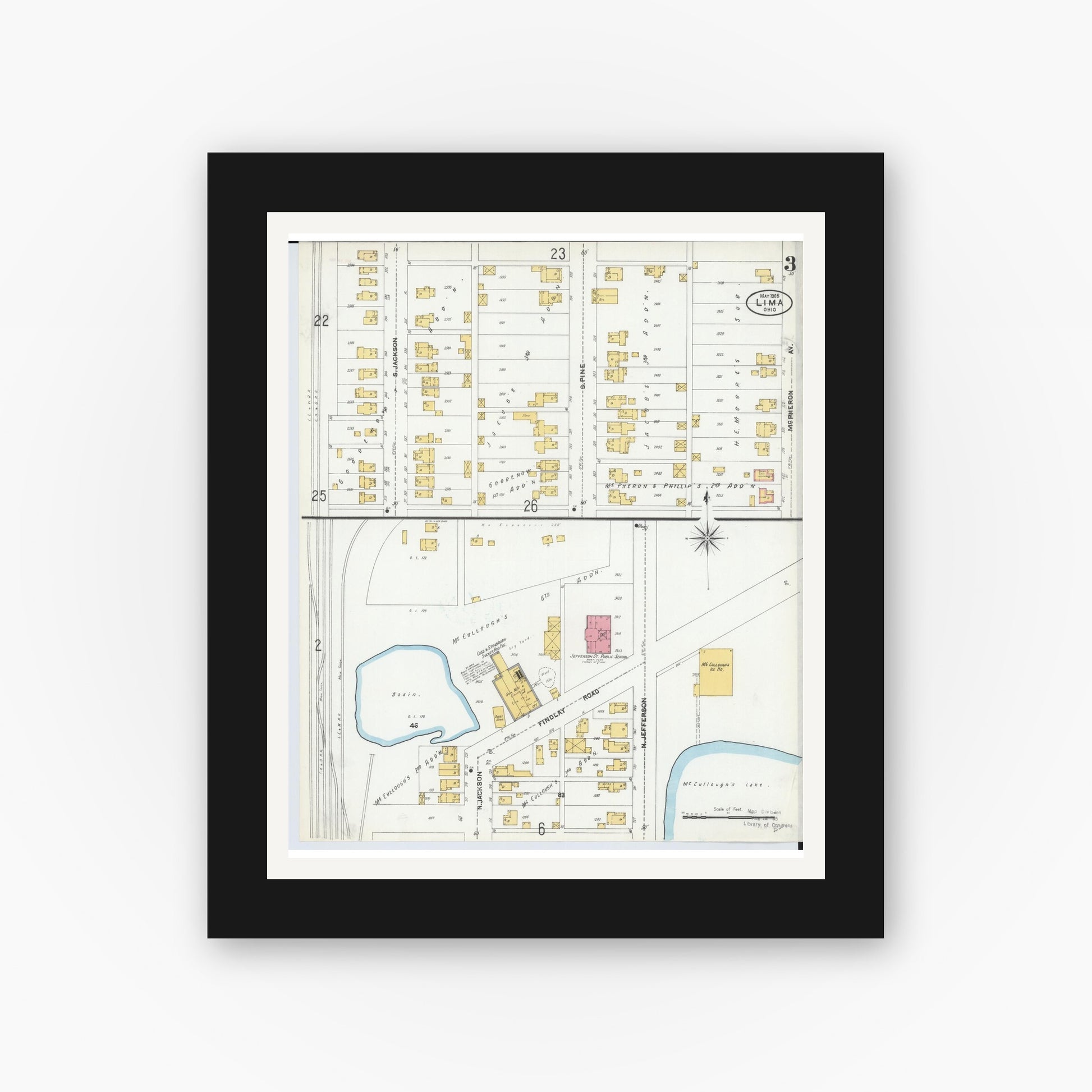 Old map wall art mockup — black gallery frame with white mat — Sanborn Fire Insurance Map from Lima, Allen County, Ohio (1905), Sheet #0003