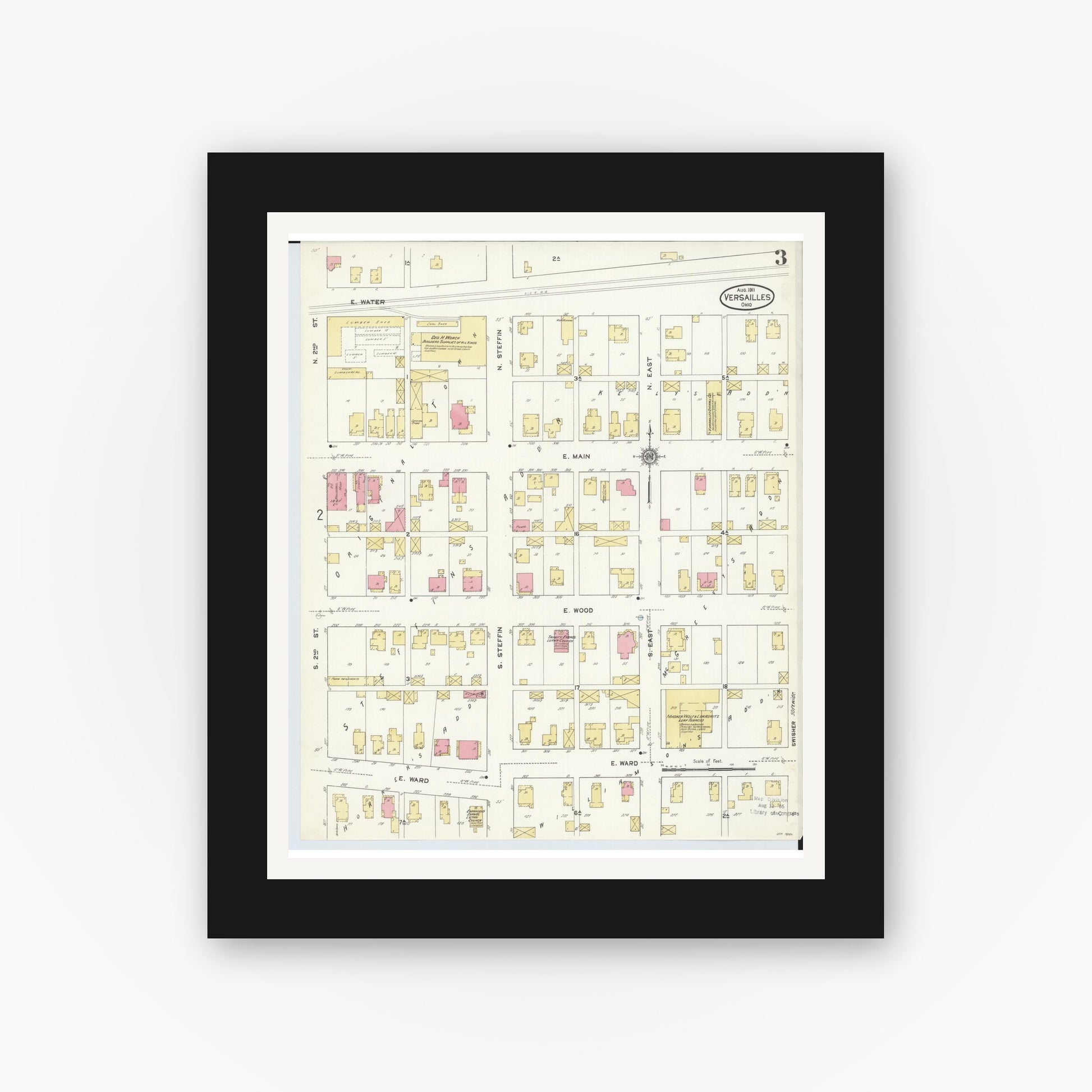 Old map wall art mockup — black gallery frame with white mat — Sanborn Fire Insurance Map from Versailles, Darke County, Ohio (1911), Sheet #0003