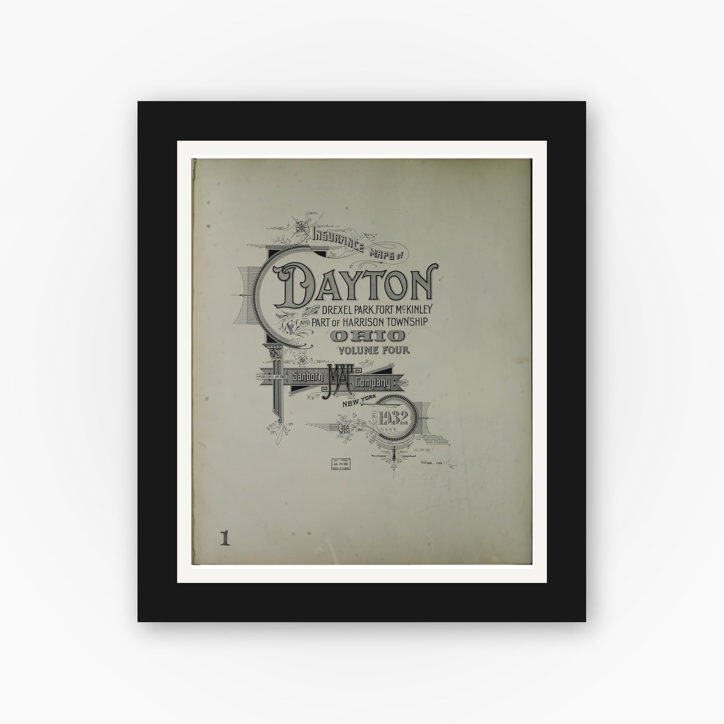 Old map wall art mockup — black gallery frame with white mat — Sanborn Fire Insurance Map from Dayton, Montgomery County, Ohio (1932), Sheet #0001