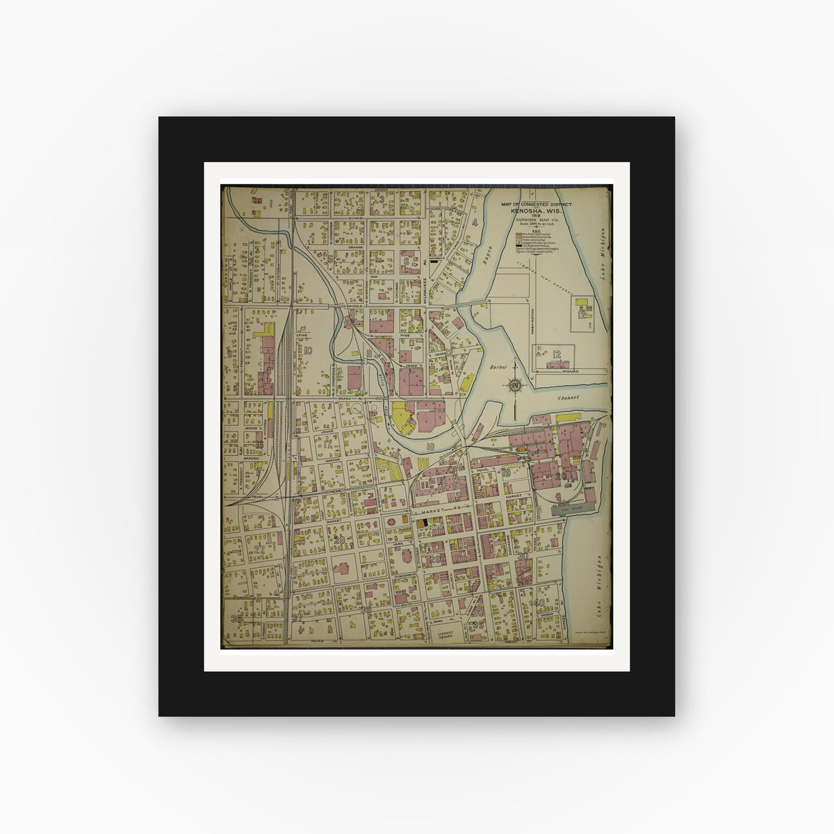 Old map wall art mockup — black gallery frame with white mat — Sanborn Fire Insurance Map from Kenosha, Kenosha County, Wisconsin. (1918), Sheet 3