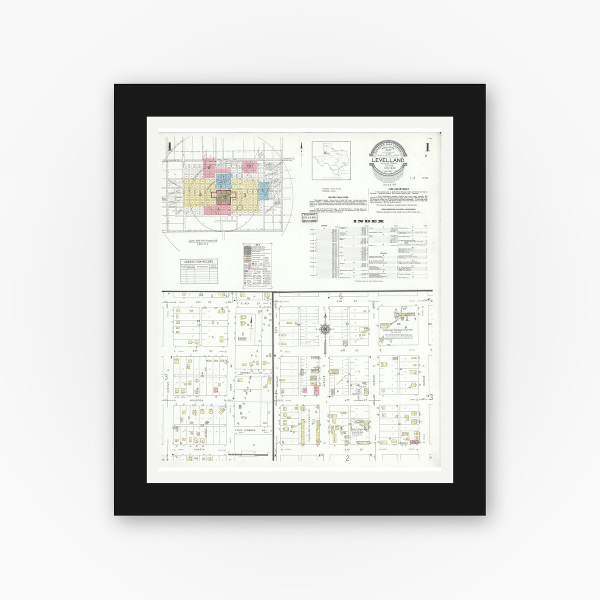 Old map wall art mockup — black gallery frame with white mat — Sanborn Fire Insurance Map from Levelland, Hockley County, Texas (1942) - Complete Map Set