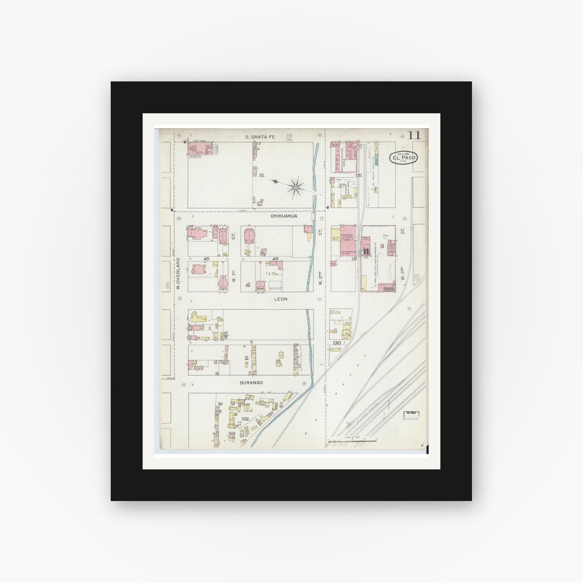 Old map wall art mockup — black gallery frame with white mat — Sanborn Fire Insurance Map from El Paso, El Paso County, Texas (1893), Sheet #0011