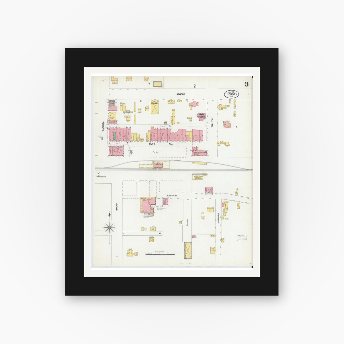 Old map wall art mockup — black gallery frame with white mat — Sanborn Fire Insurance Map from Hickory, Catawba County, North Carolina (1902), Sheet #0003