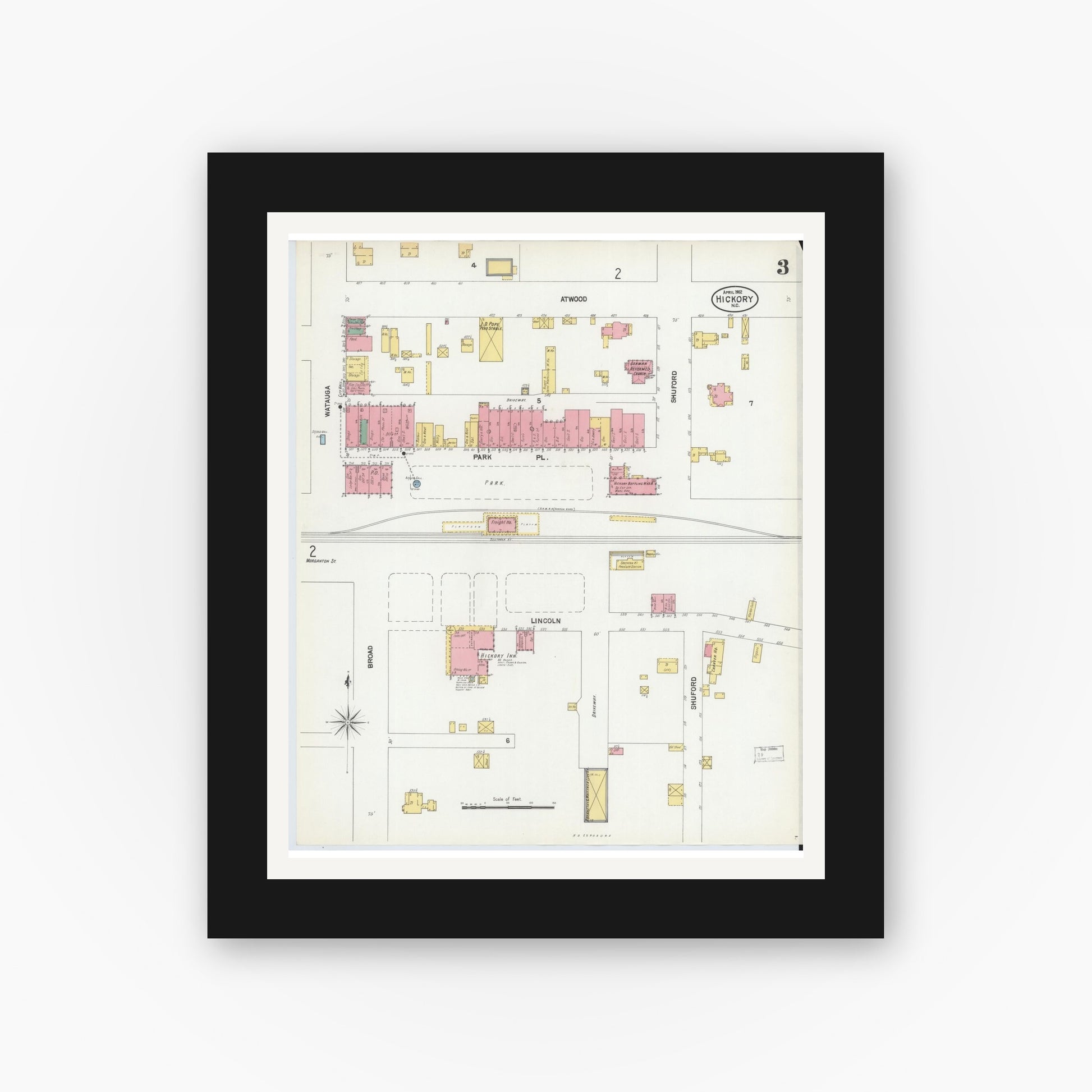 Old map wall art mockup — black gallery frame with white mat — Sanborn Fire Insurance Map from Hickory, Catawba County, North Carolina (1902), Sheet #0003