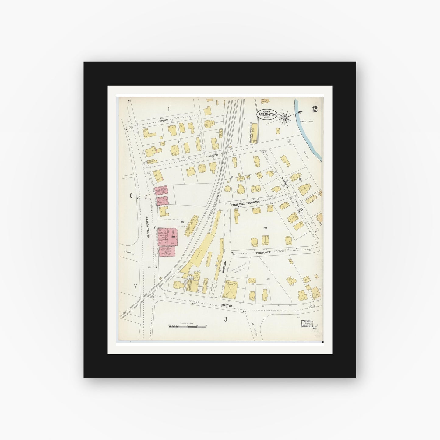 Old map wall art mockup — black gallery frame with white mat — Sanborn Fire Insurance Map from Arlington, Middlesex County, Massachusetts (1903), Sheet #0002