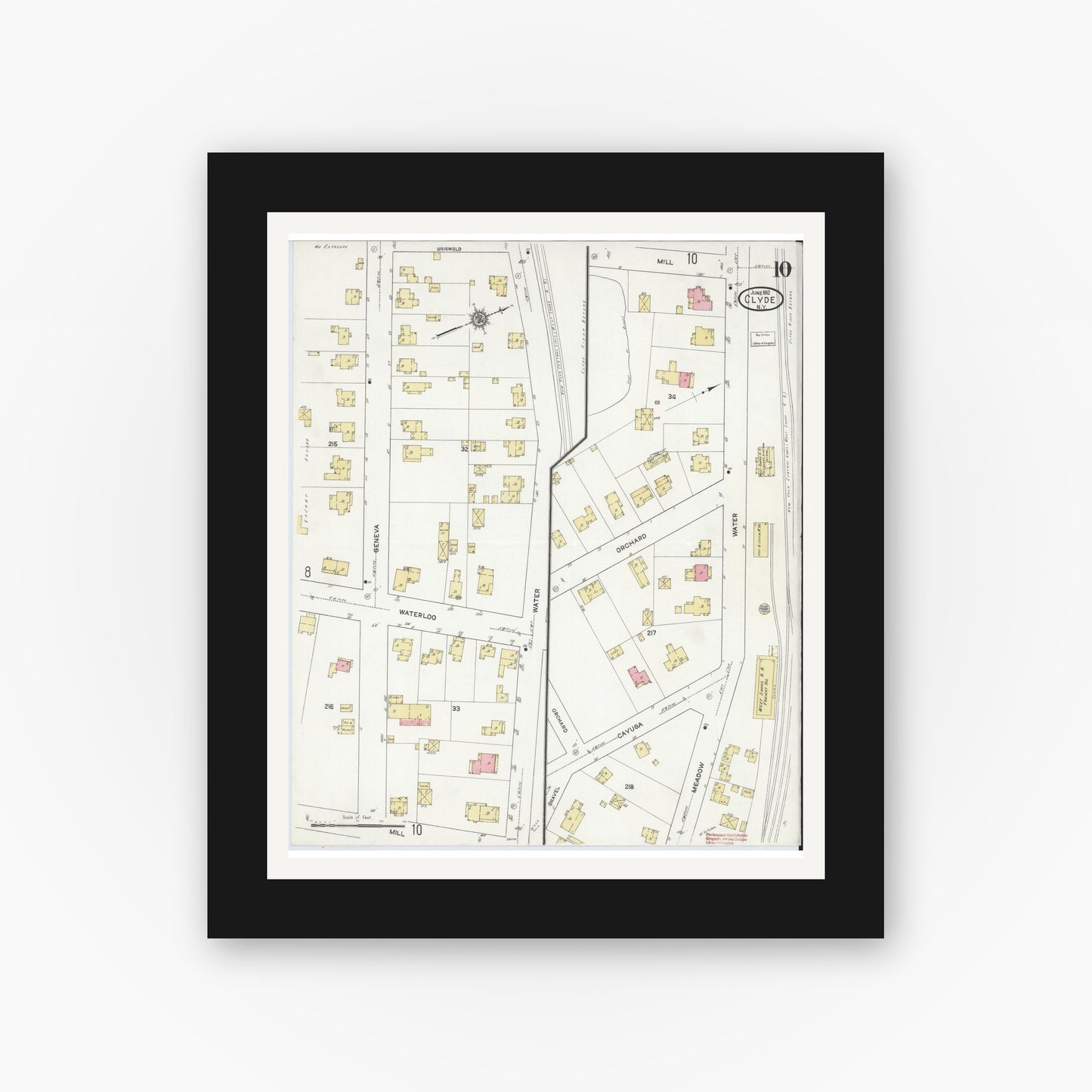 Old map wall art mockup — black gallery frame with white mat — Sanborn Fire Insurance Map from Clyde, Wayne County, New York (1912), Sheet #0010