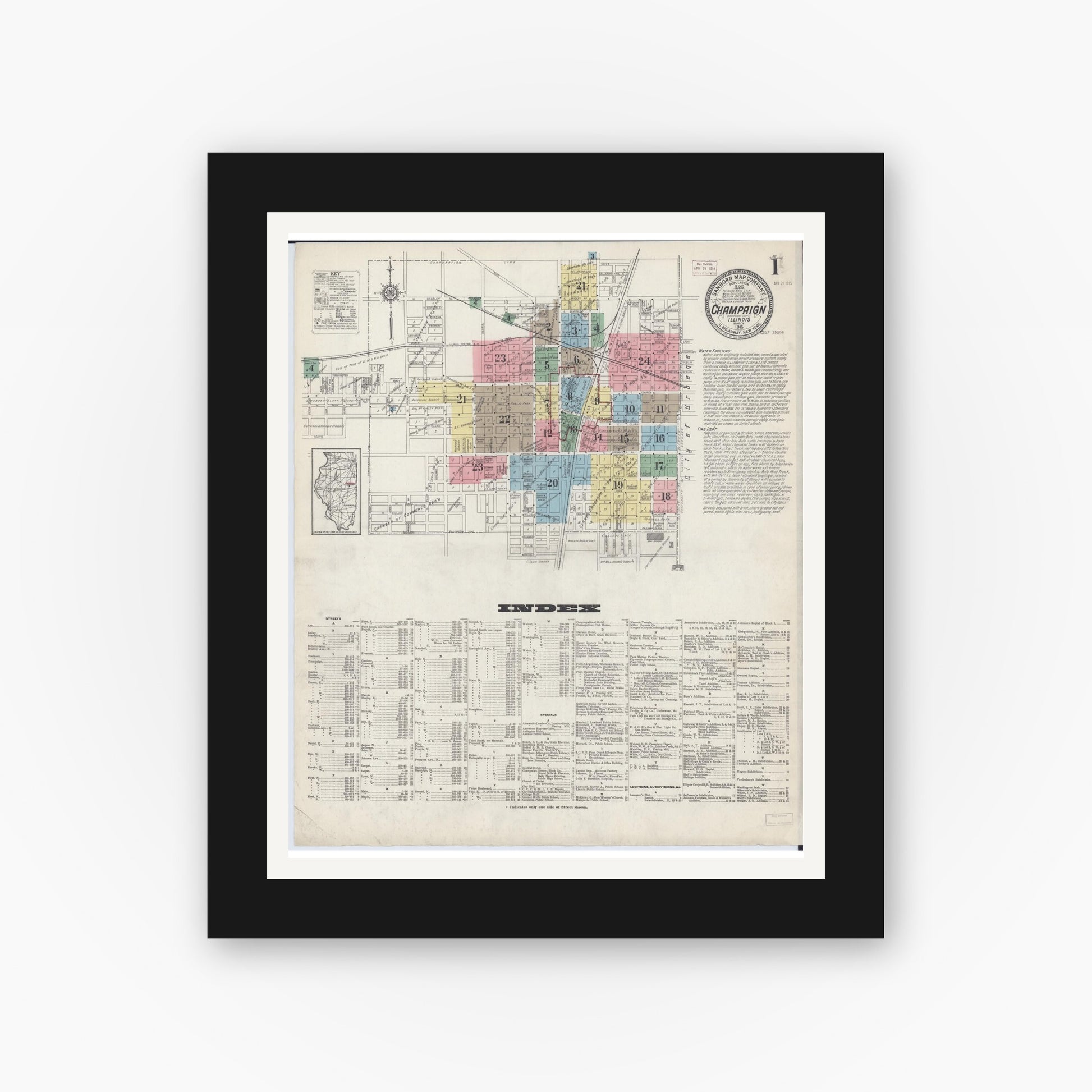 Old map wall art mockup — black gallery frame with white mat — Sanborn Fire Insurance Map from Champaign, Champaign County, Illinois (1915), Sheet #0001
