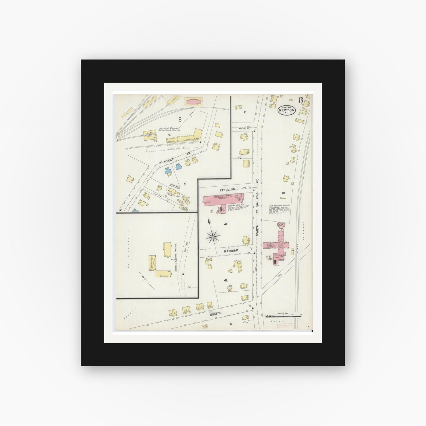 Old map wall art mockup — black gallery frame with white mat — Sanborn Fire Insurance Map from Newton, Sussex County, New Jersey (1897), Sheet #0008