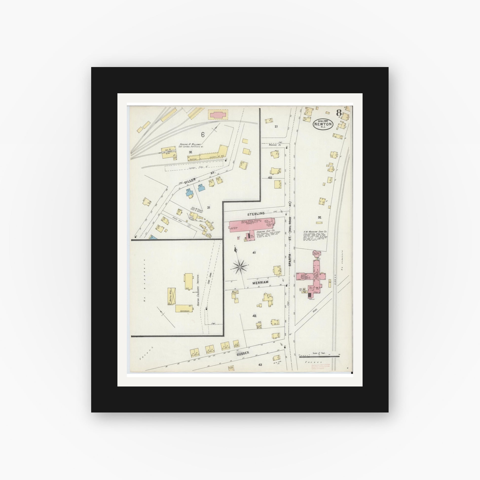Old map wall art mockup — black gallery frame with white mat — Sanborn Fire Insurance Map from Newton, Sussex County, New Jersey (1897), Sheet #0008