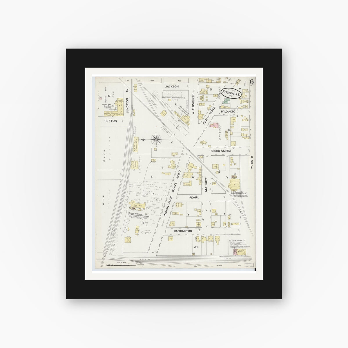 Old map wall art mockup — black gallery frame with white mat — Sanborn Fire Insurance Map from Rushville, Rush County, Indiana (1887), Sheet #0006