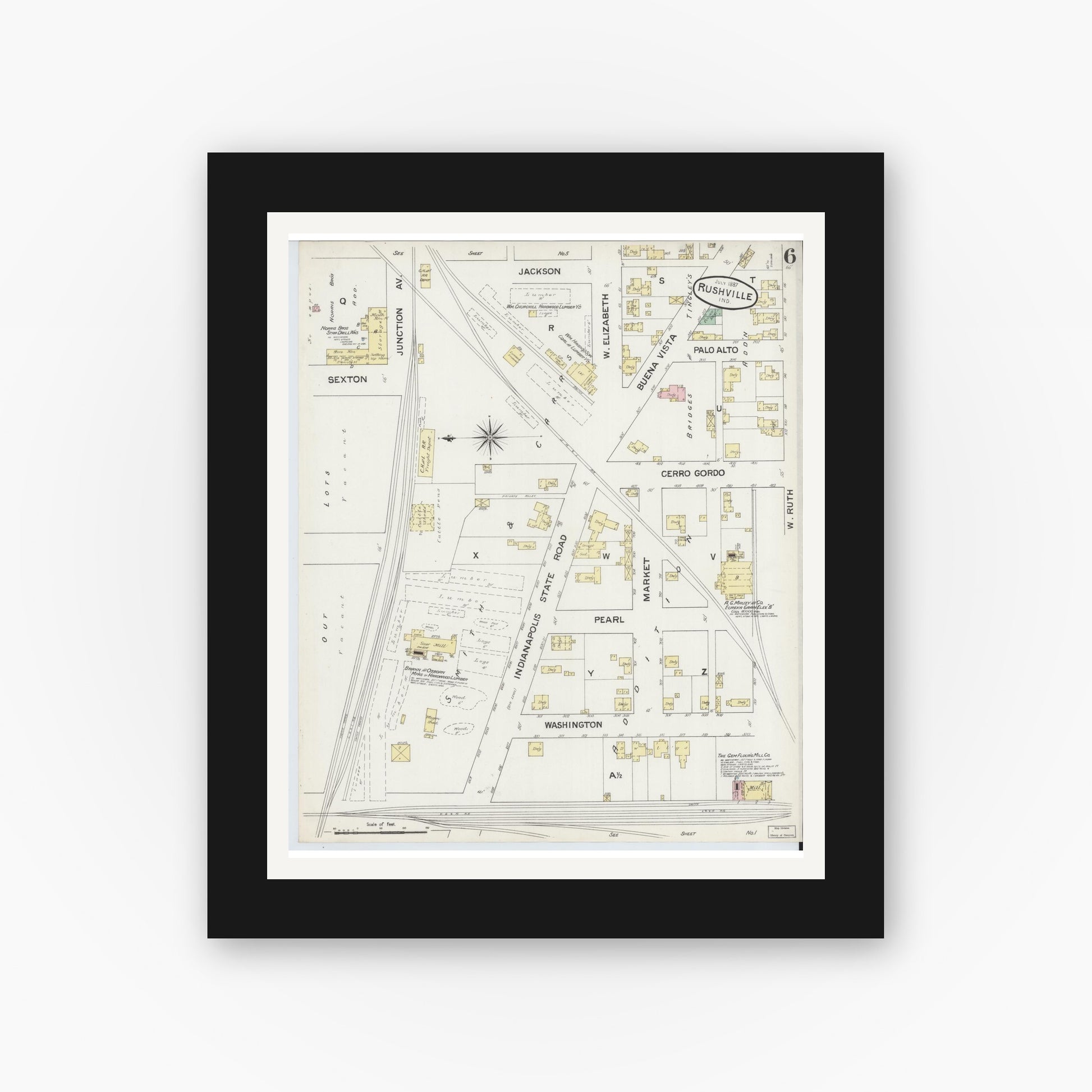 Old map wall art mockup — black gallery frame with white mat — Sanborn Fire Insurance Map from Rushville, Rush County, Indiana (1887), Sheet #0006