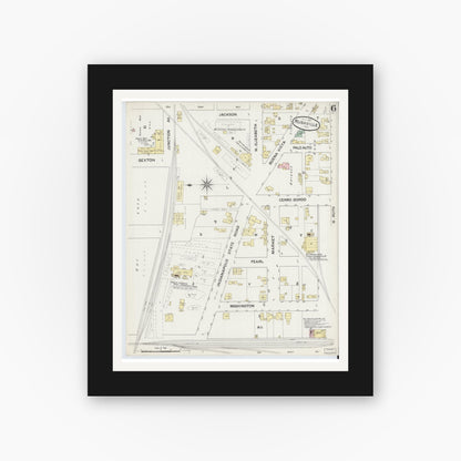 Old map wall art mockup — black gallery frame with white mat — Sanborn Fire Insurance Map from Rushville, Rush County, Indiana (1887), Sheet #0006