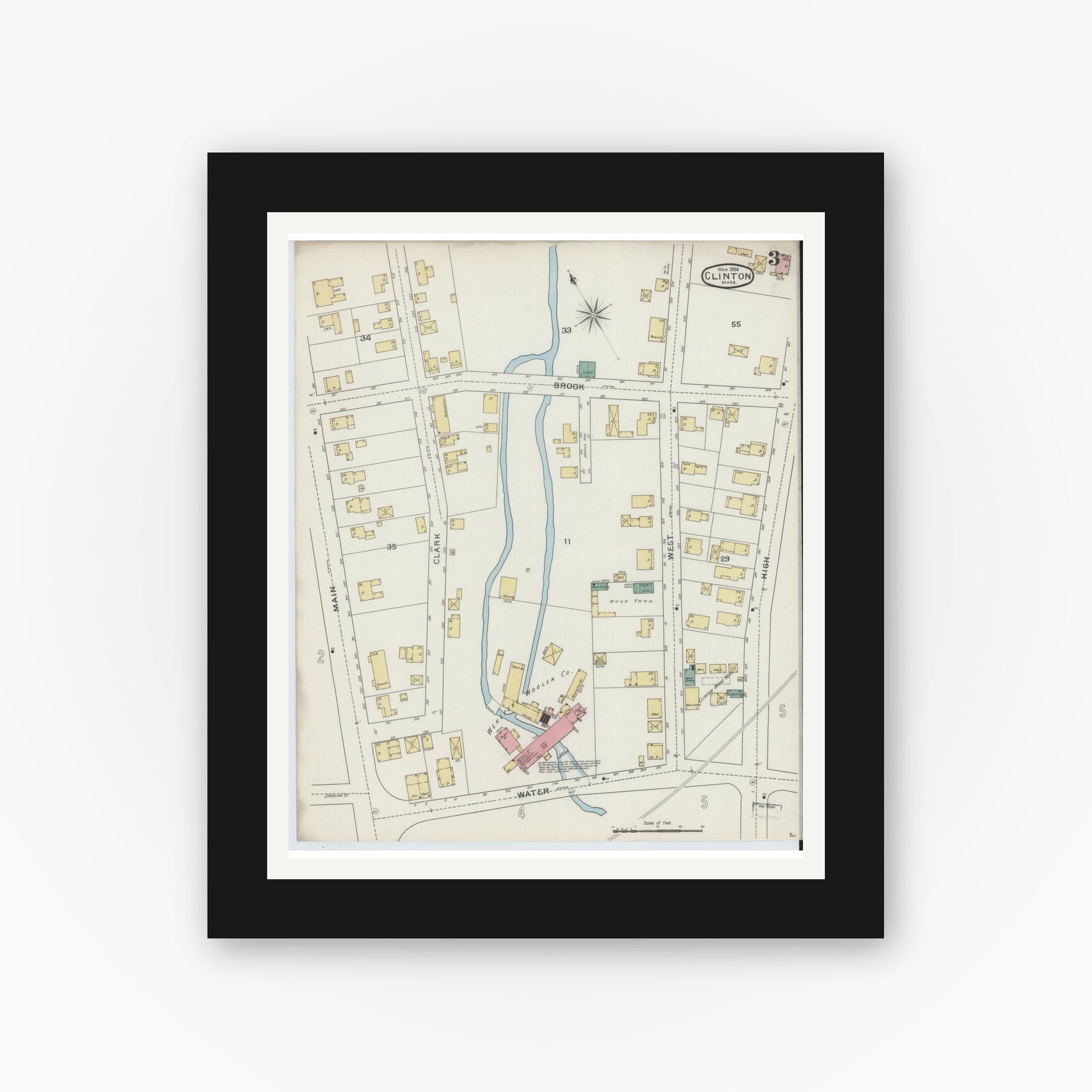 Old map wall art mockup — black gallery frame with white mat — Sanborn Fire Insurance Map from Clinton, Worcester County, Massachusetts (1894), Sheet #0003