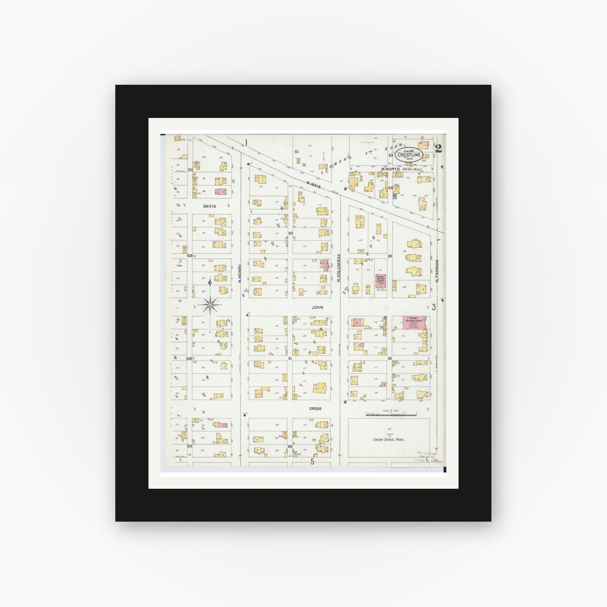 Old map wall art mockup — black gallery frame with white mat — Sanborn Fire Insurance Map from Crestline, Crawford County, Ohio (1901), Sheet #0002