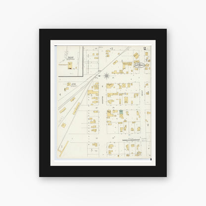 Old map wall art mockup — black gallery frame with white mat — Sanborn Fire Insurance Map from West Branch, Ogemaw County, Michigan (1898), Sheet #0002