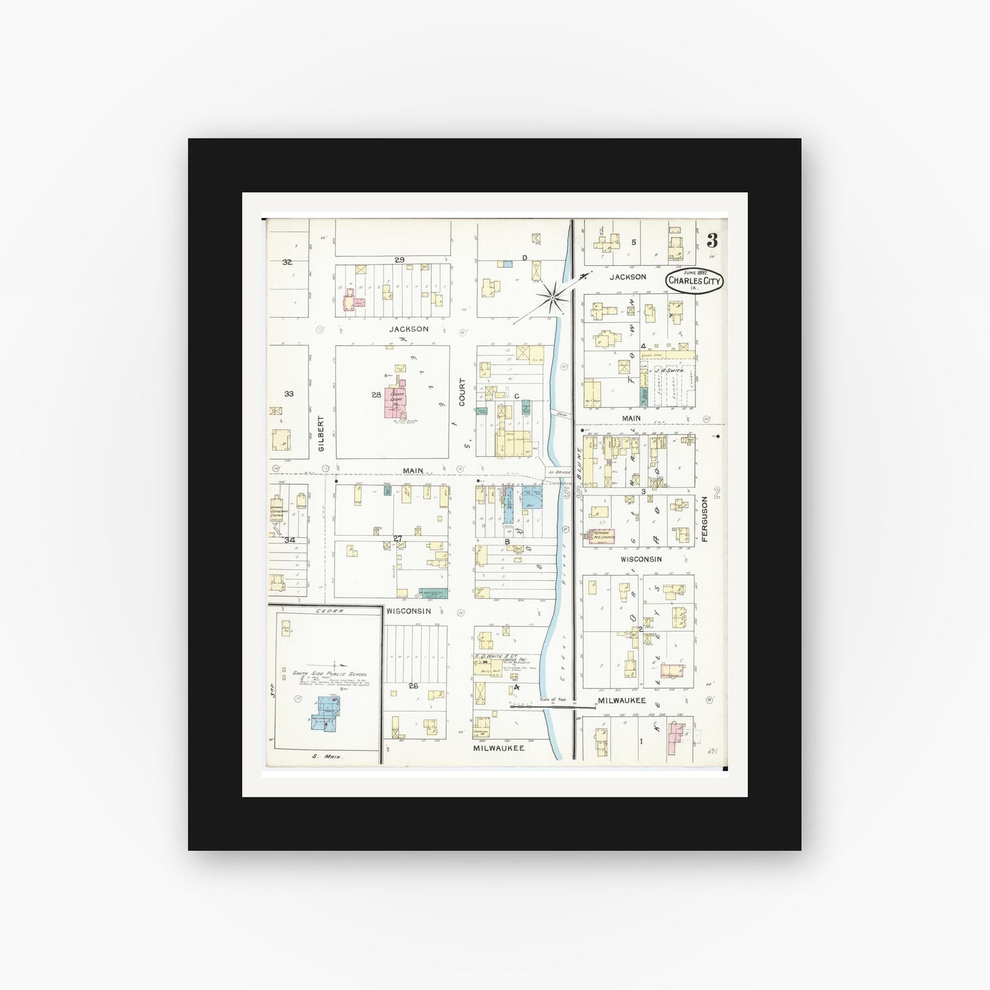 Old map wall art mockup — black gallery frame with white mat — Sanborn Fire Insurance Map from Charles City, Floyd County, Iowa (1892), Sheet #0003